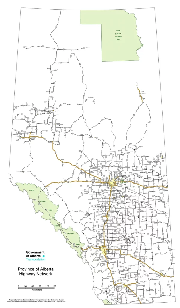 This map shows highways, main roads, and secondary roads in Alberta.