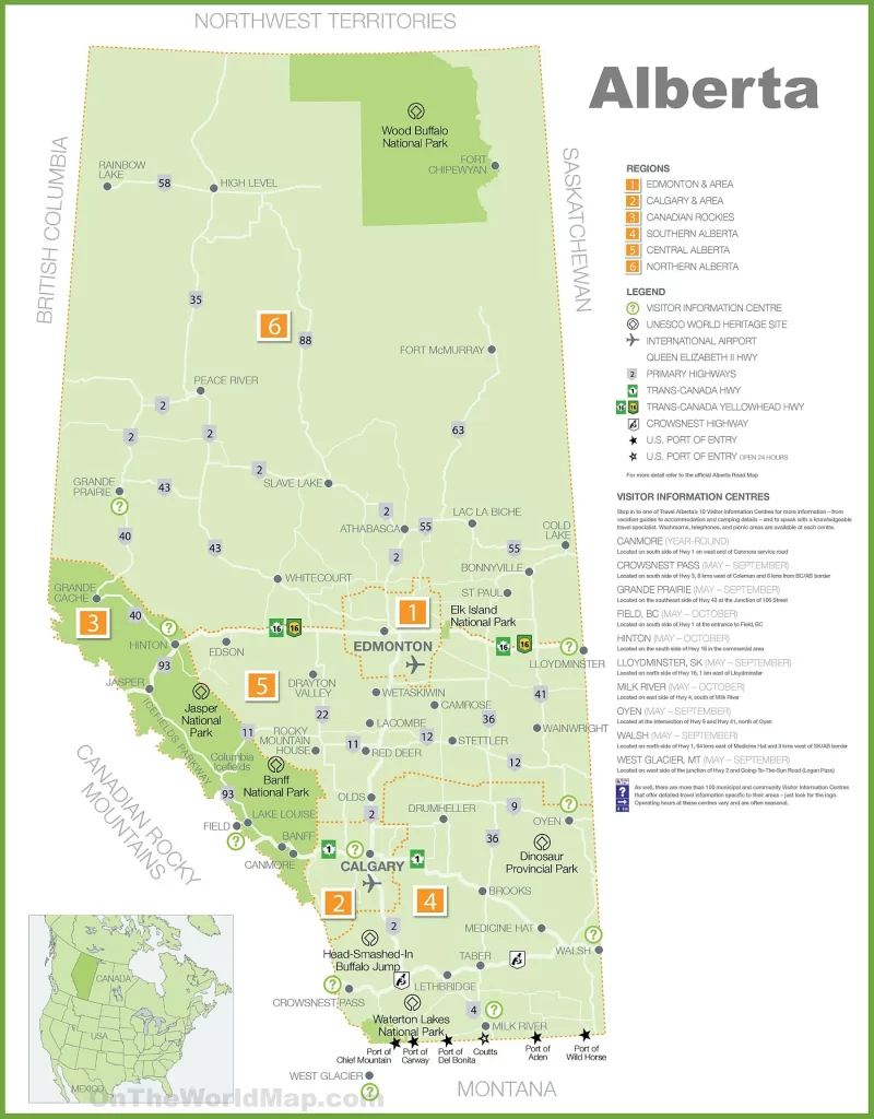 This map shows cities, towns, regions, visitor information centers, UNESCO world heritage sites, airports, primary highways, Trans-Canada, Crowsnest, and U.S. ports of entry.