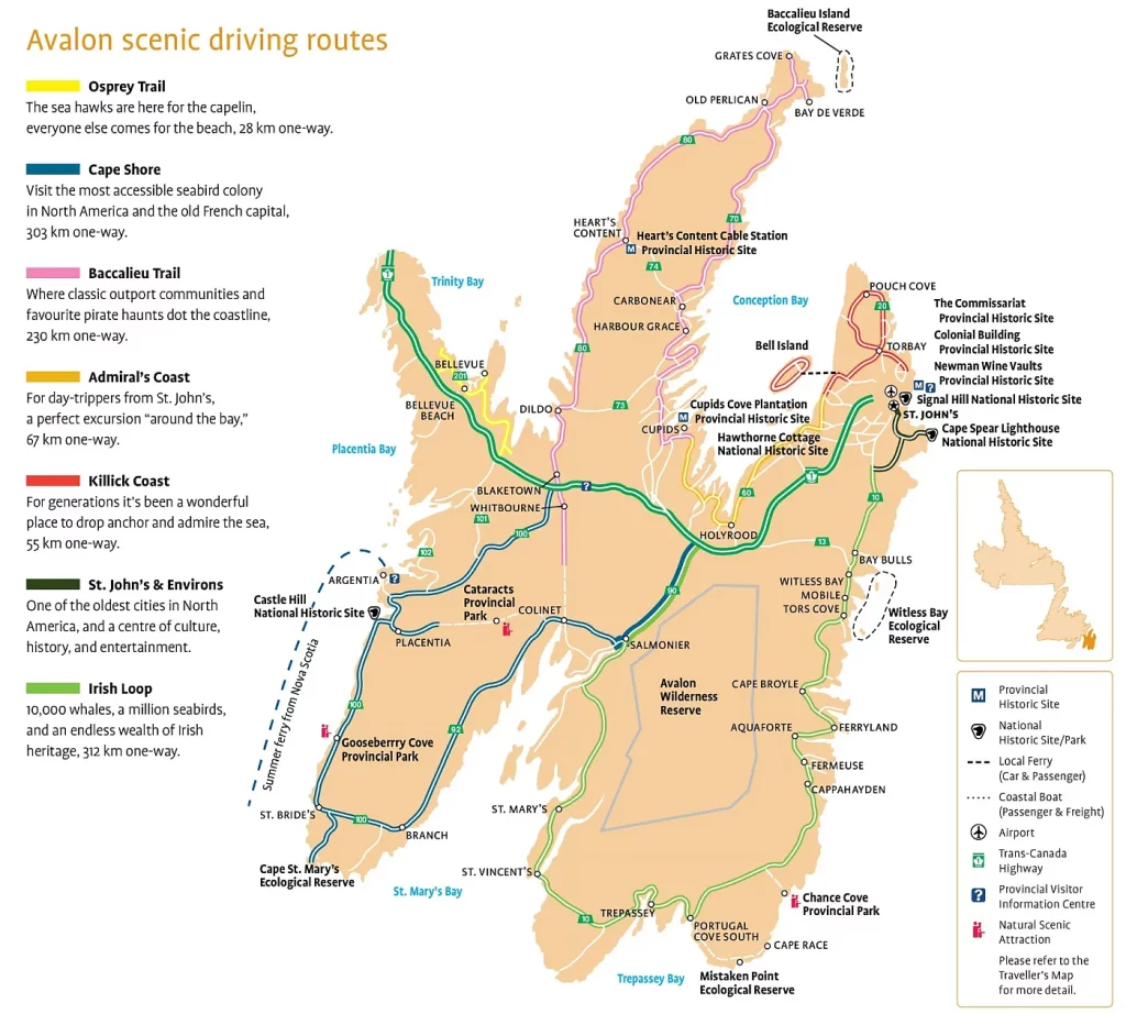 This map shows cities, towns, trails, Trans-Canada highways, secondary roads, national parks, provincial parks, provincial visitor information centers, provincial/national historic sites, ferries, airports, and natural scenic attractions in Avalon.