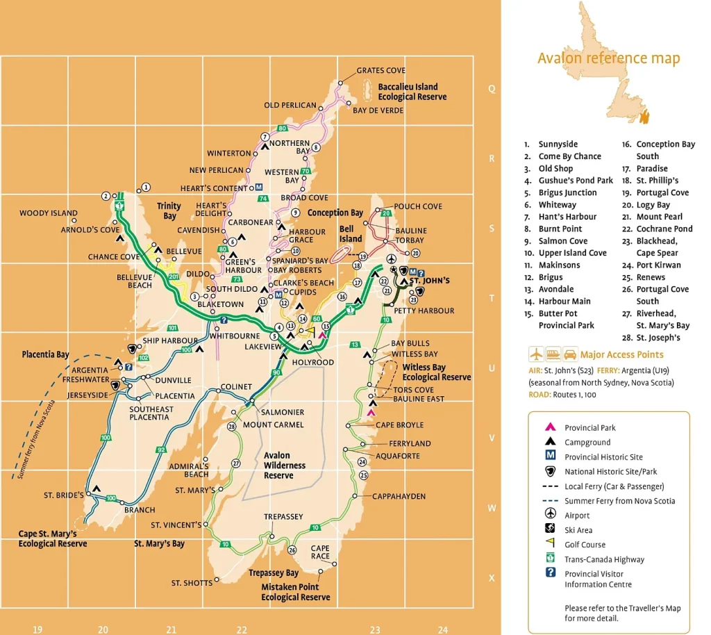 This map shows cities, towns, Trans-Canada highways, secondary roads, national parks, provincial parks, campgrounds, provincial/national historic sites, airports, local ferries, summer ferries, ski areas, golf courses, and provincial visitor information centers in Avalon.