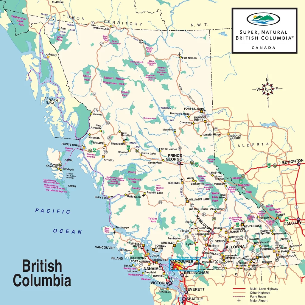 This map shows cities, towns, rivers, lakes, highways, secondary roads, airports, reserves, national parks, and provincial parks in British Columbia.