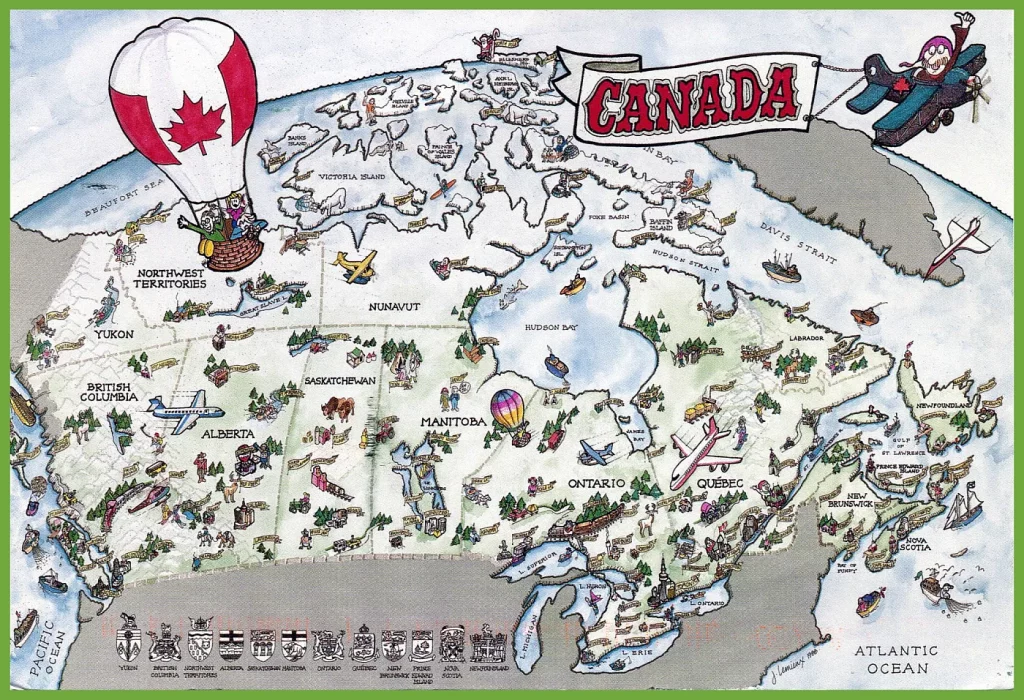 This map shows tourist attractions and sightseeing in Canada.