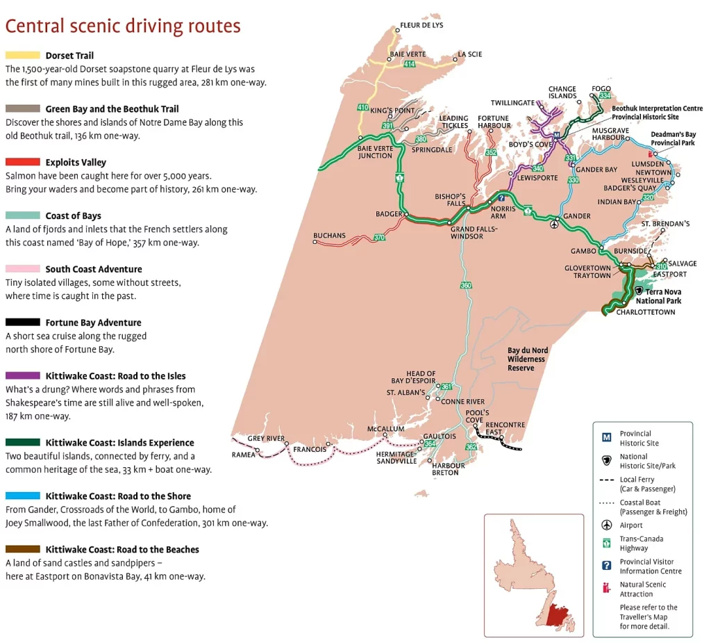 This map shows cities, towns, trails, Trans-Canada highways, secondary roads, national parks, provincial parks, provincial visitor information centers, provincial/national historic sites, ferries, airports, and natural scenic attractions in Central Newfoundland.