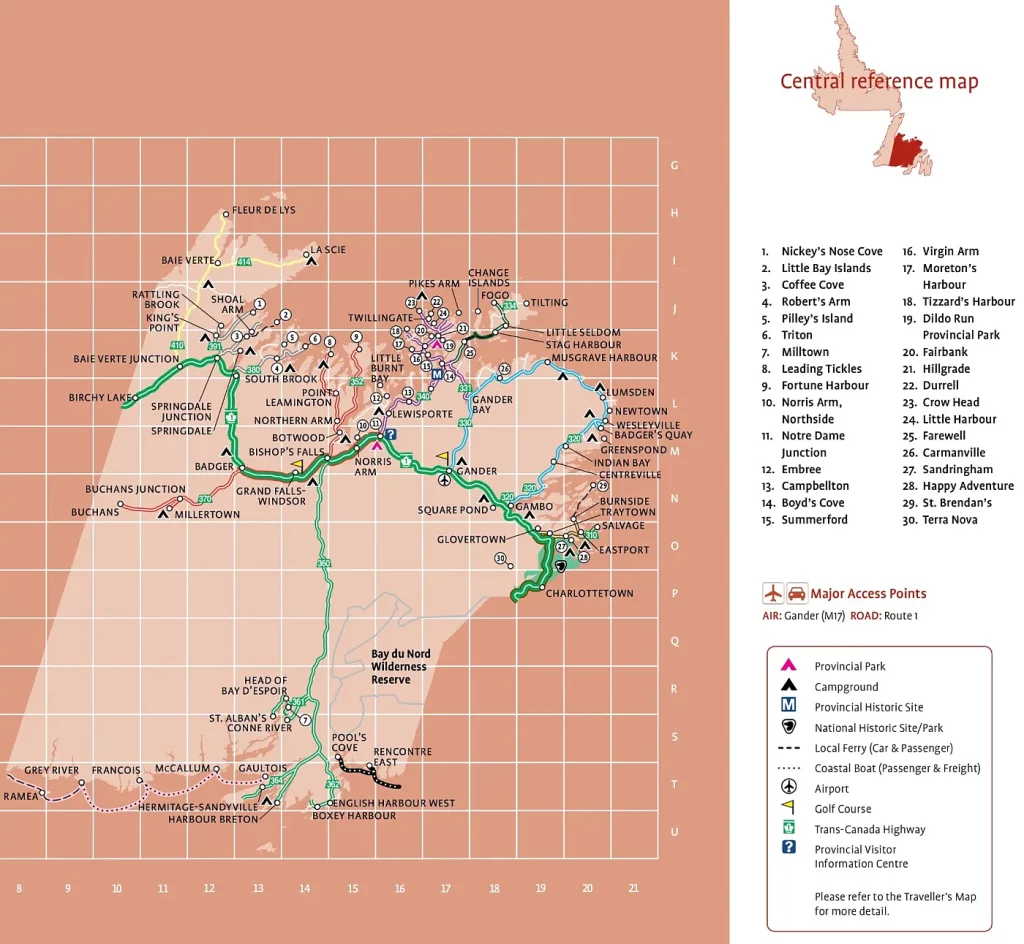 This map shows cities, towns, the Trans-Canada highway, secondary roads, national parks, provincial parks, campgrounds, provincial/national historic sites, airports, local ferries, summer ferries, ski areas, golf courses, and provincial visitor information centers in Central Newfoundland.