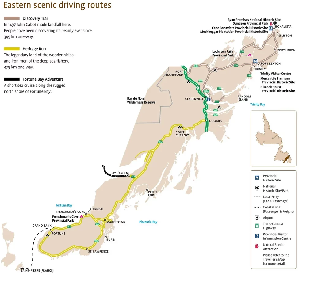 This map shows cities, towns, trails, Trans-Canada highways, secondary roads, national parks, provincial parks, provincial visitor information centers, provincial/national historic sites, ferries, airports, and natural scenic attractions in Eastern Newfoundland.