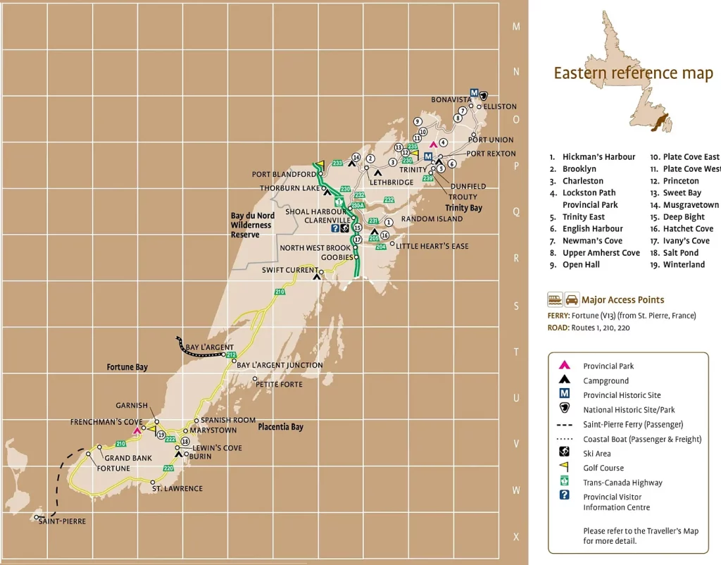 This map shows cities, towns, the Trans-Canada highway, secondary roads, national parks, provincial parks, campgrounds, provincial/national historic sites, airports, local ferries, summer ferries, ski areas, golf courses, and provincial visitor information centers in Eastern Newfoundland.