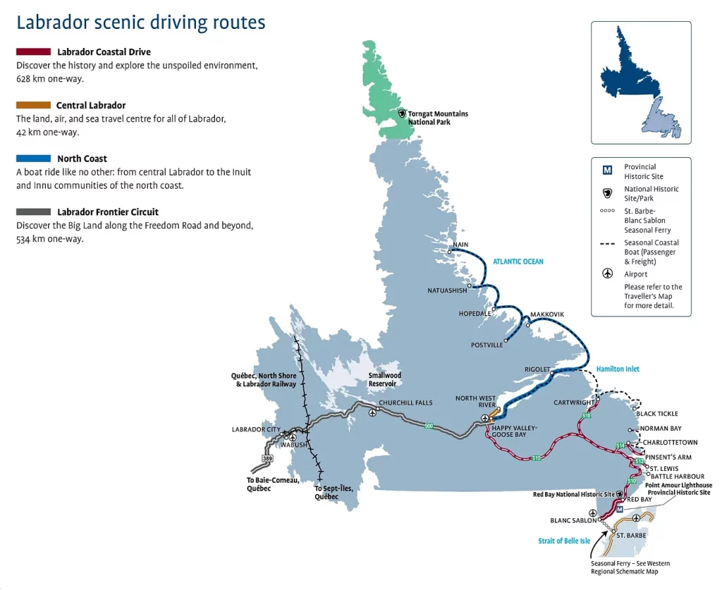 This map shows Labrador's cities, towns, trails, roads, national parks, provincial parks, provincial visitor information centers, provincial/national historic sites, ferries, and airports.