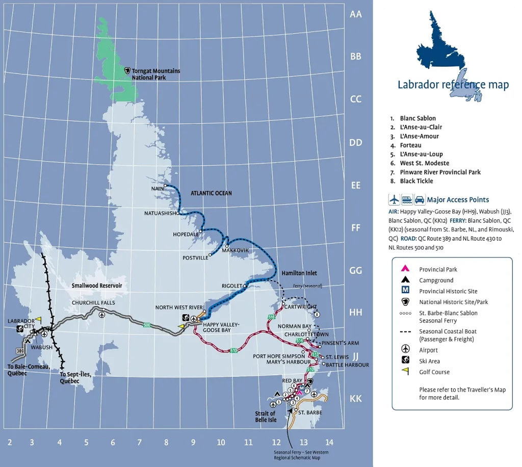 This map shows cities, towns, Trans-Canada highways, secondary roads, national parks, provincial parks, campgrounds, provincial/national historic sites, airports, local ferries, summer ferries, ski areas, golf courses, and provincial visitor information centers in Labrador.