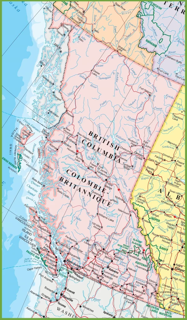 This map shows cities, towns, rivers, lakes, the Trans-Canada highway, major highways, secondary roads, winter roads, railways, and national parks in British Columbia.