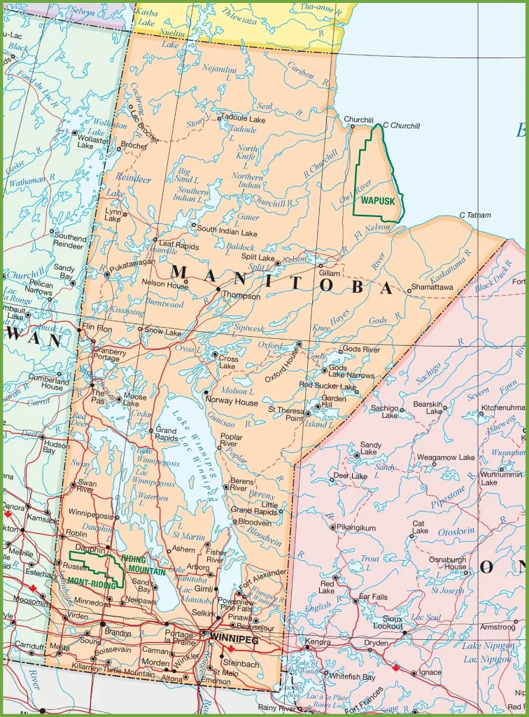 This map shows cities, towns, rivers, lakes, Trans-Canada highways, major highways, secondary roads, winter roads, railways, and national parks in Manitoba.