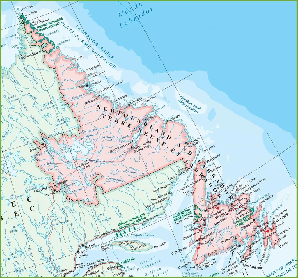 This map shows Newfoundland and Labrador's cities, towns, rivers, lakes, Trans-Canada highways, major highways, secondary roads, winter roads, railways, and national parks.