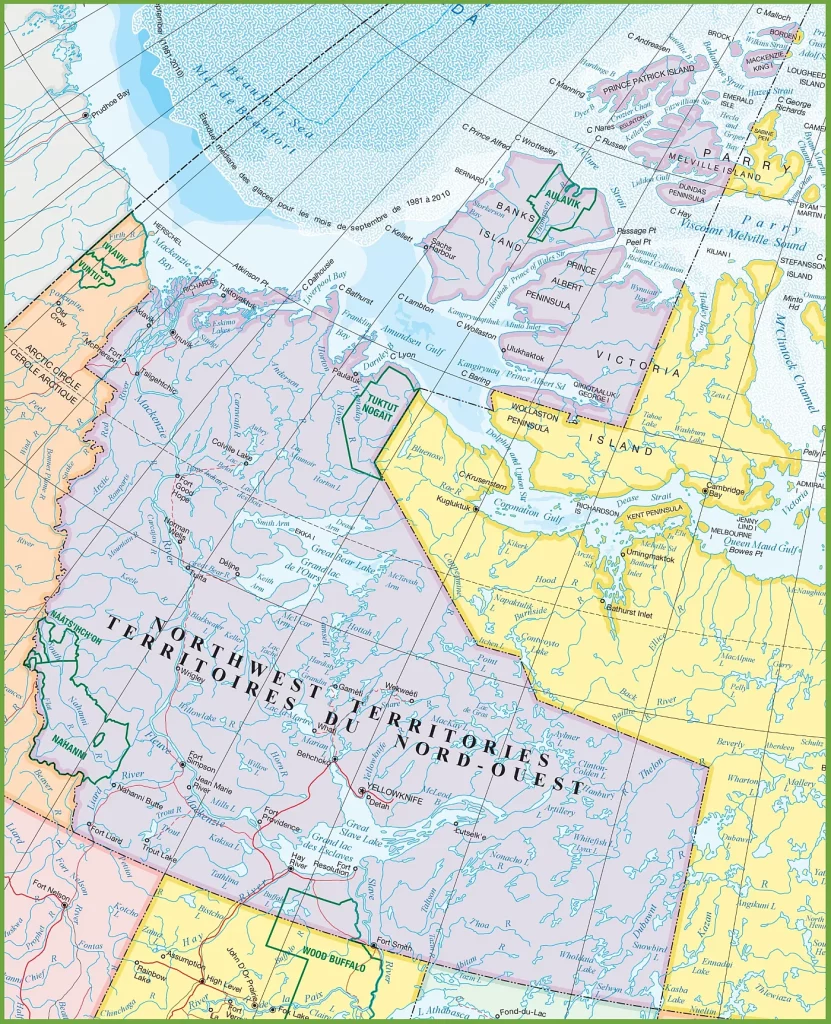 This map shows cities, towns, rivers, lakes, Trans-Canada highways, major highways, secondary roads, winter roads, railways, and national parks in Northwest Territories.