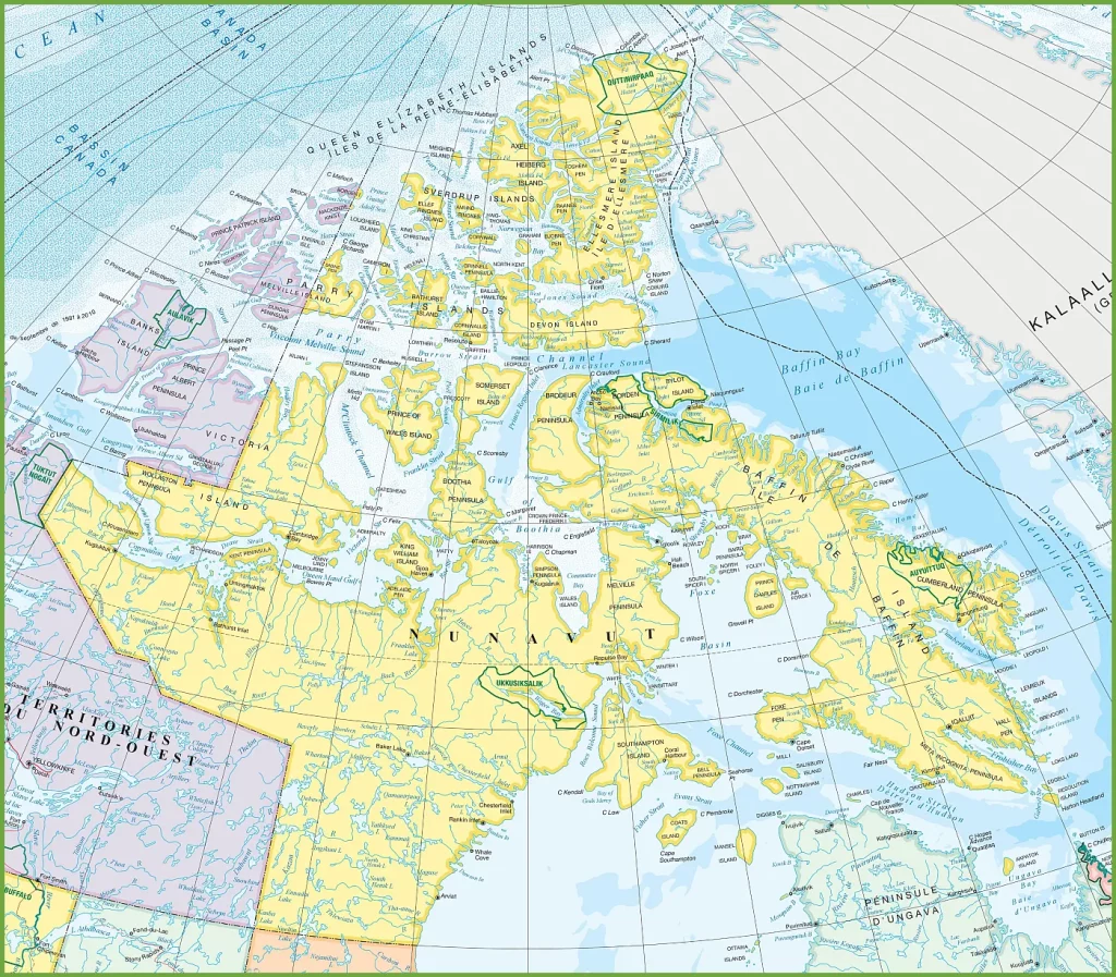 This map shows Nunavut's cities, towns, rivers, lakes, Trans-Canada highways, major highways, secondary roads, winter roads, railways, and national parks.