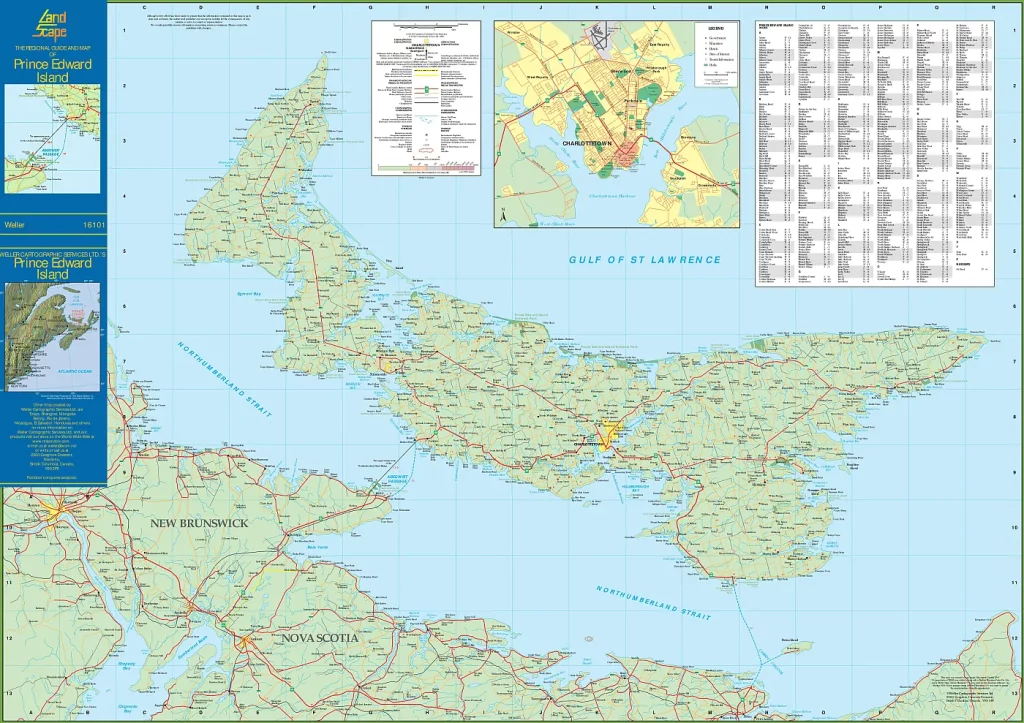 This map shows cities, towns, rivers, lakes, airports, major highways, secondary roads, and national parks on Prince Edward Island.