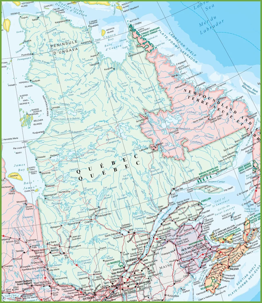 This map shows Quebec's cities, towns, rivers, lakes, the Trans-Canada highway, major highways, secondary roads, winter roads, railways, and national parks.