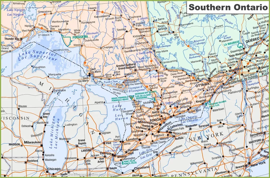 This map shows cities, towns, rivers, lakes, major roads, minor roads, railways, and Trans-Canada highways in Southern Ontario.