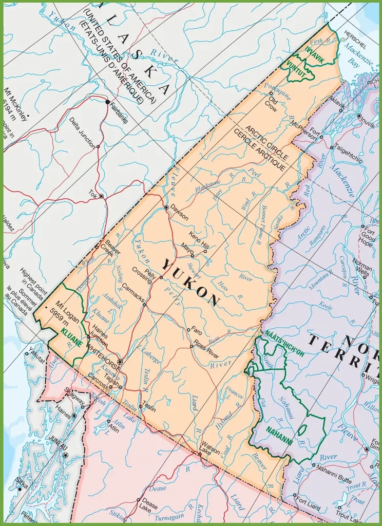 This map shows Yukon's cities, towns, rivers, lakes, the Trans-Canada highway, major highways, secondary roads, winter roads, railways, and national parks.