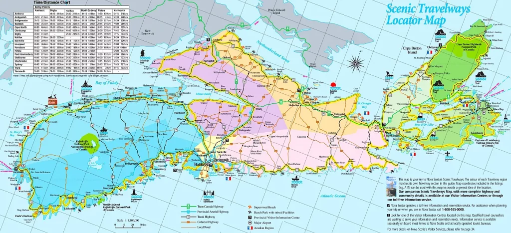 This map shows cities, towns, resorts, beaches, rivers, lakes, highways, major roads, secondary roads, ferries, travel regions, points of interest, and national parks in Nova Scotia.
