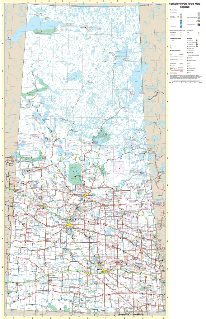 This map shows cities, towns, rivers, lakes, the Trans-Canada highway, major highways, secondary roads, winter roads, CANAM highway, northern woods, and water routes, the Saskota travel route, veterans memorial highway, red coat trail, Louis riel trail, chief whitecap trail, national parks, provincial parks, historic sites, ecological reserves, Indian reservations, regional parks, campgrounds, airports, ferries, tourism visitor reception centers and rest areas in Saskatchewan.