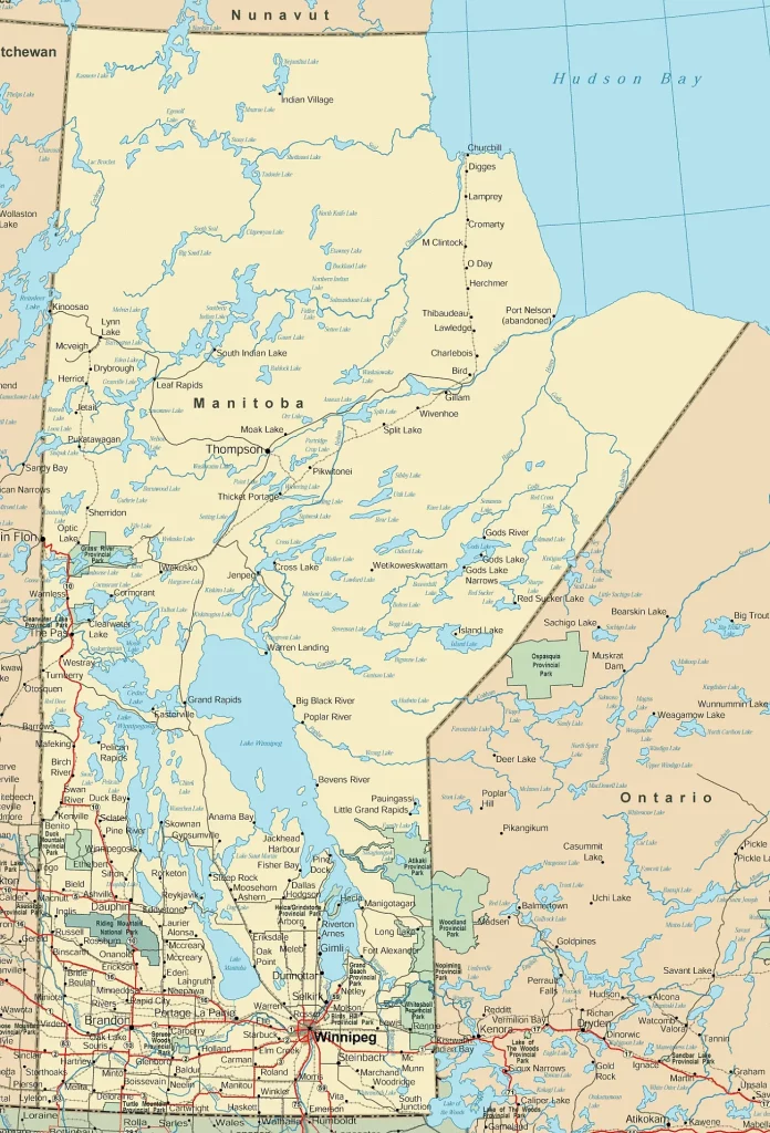 This map shows cities, towns, highways, main roads, secondary roads, rivers, lakes, national parks, and provincial parks in Manitoba.