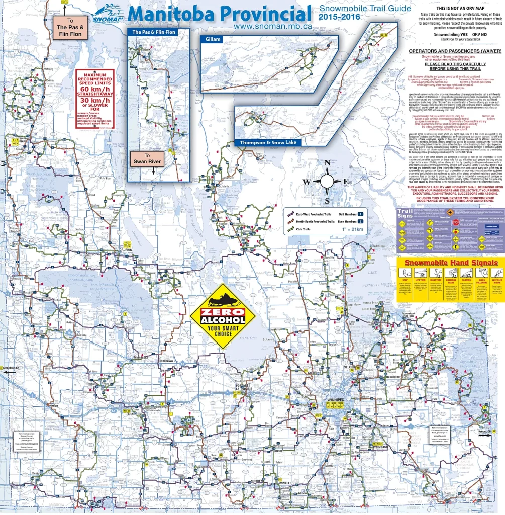 This map shows Manitoba's cities, towns, rivers, lakes, and snowmobile trails.