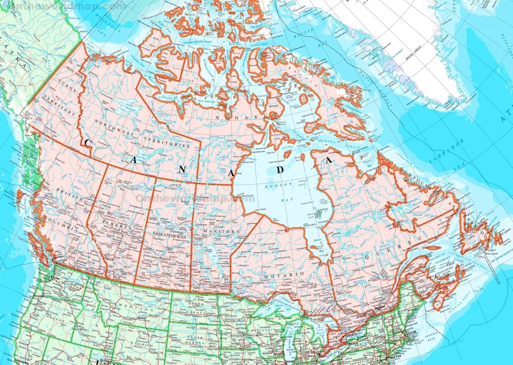 This map shows Canada's provinces, territories, cities, towns, and roads.