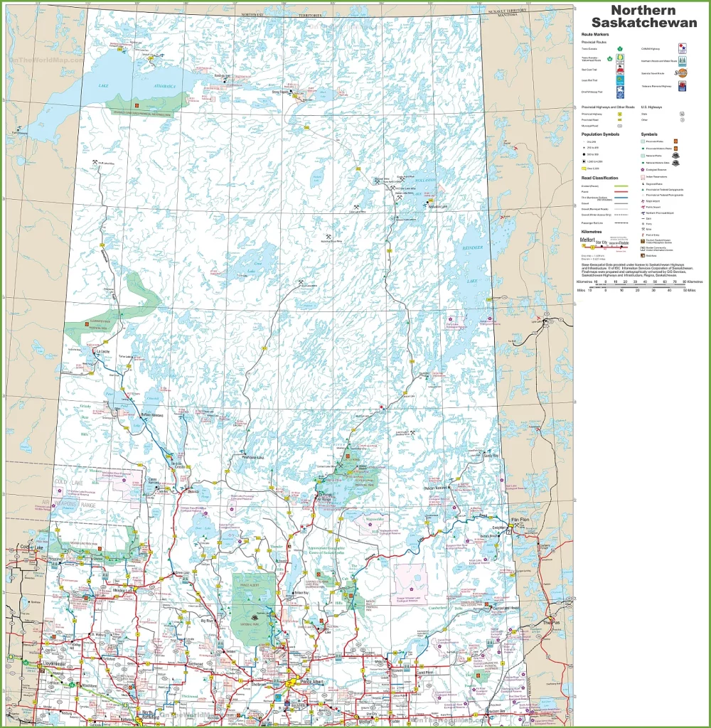 This map shows cities, towns, rivers, lakes, Trans-Canada highway, major highways, secondary roads, national parks, provincial parks, historic sites, ecological reserves, Indian reservations, regional parks, campgrounds, airports, ferries, tourism visitor reception centers and rest areas in Northern Saskatchewan.
