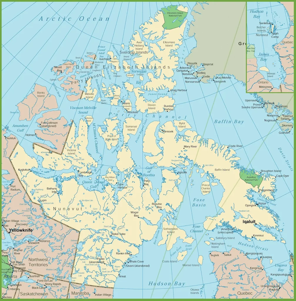 This map shows Nunavut's cities, towns, rivers, and lakes.