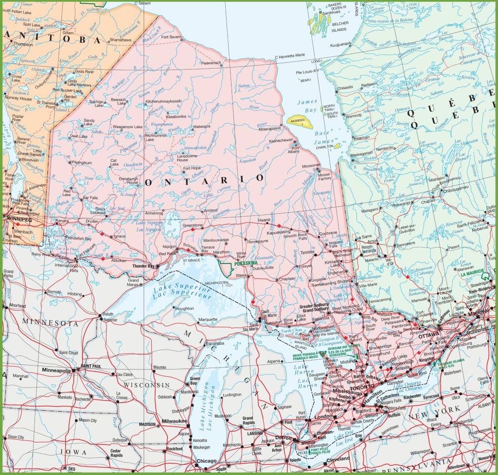 This map shows Ontario's cities, towns, rivers, lakes, Trans-Canada highways, major highways, secondary roads, winter roads, railways, and national parks.