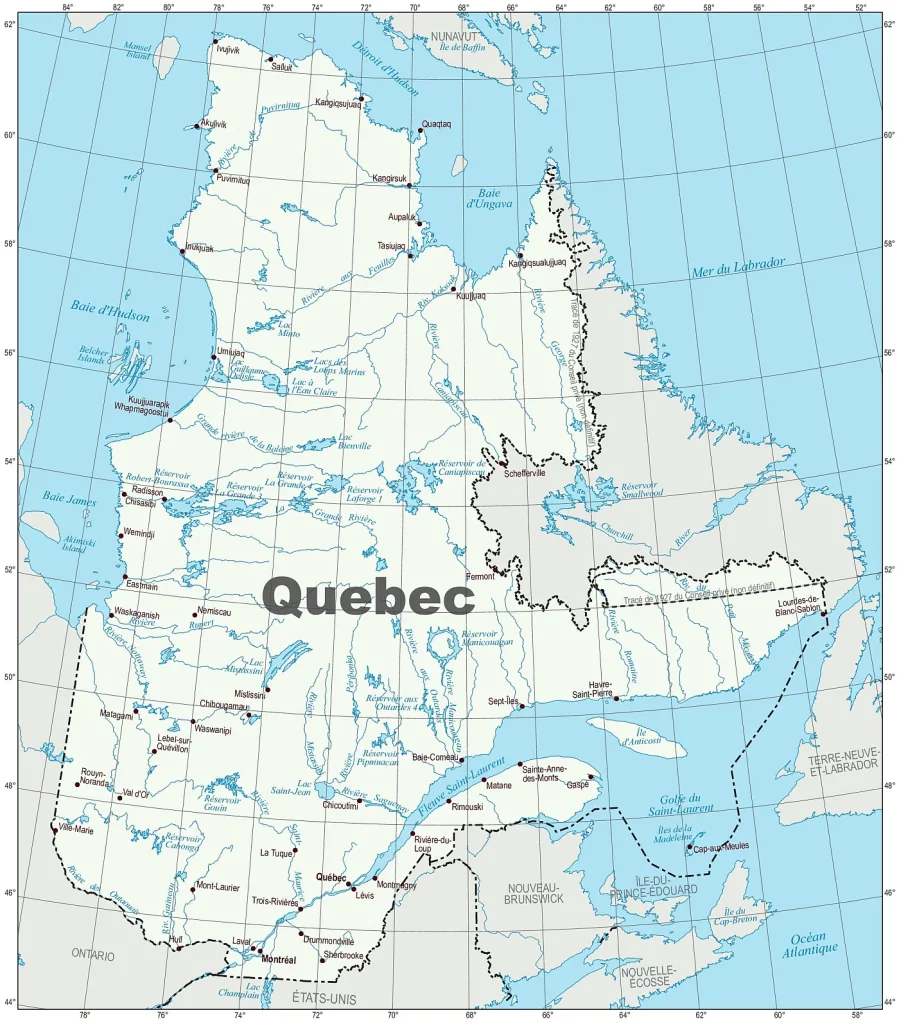 This map shows cities, towns, rivers, and lakes in Quebec.