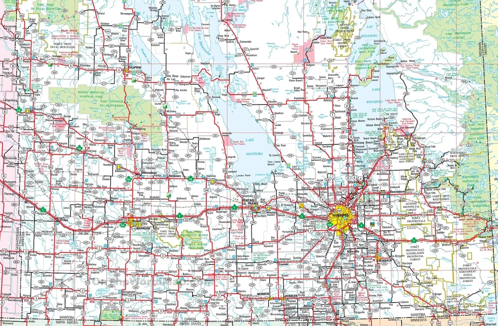 This map shows cities, towns, rivers, lakes, airports, Trans-Canada highways, major highways, secondary roads, winter roads, railways, national parks, and provincial parks in Southern Manitoba.