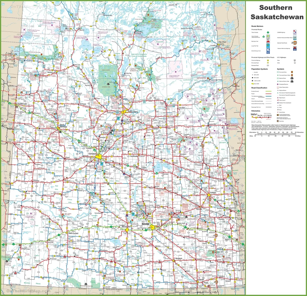 This map shows cities, towns, rivers, lakes, Trans-Canada highway, major highways, secondary roads, national parks, provincial parks, historic sites, ecological reserves, Indian reservations, regional parks, campgrounds, airports, ferries, tourism visitor reception centers and rest areas in Southern Saskatchewan.