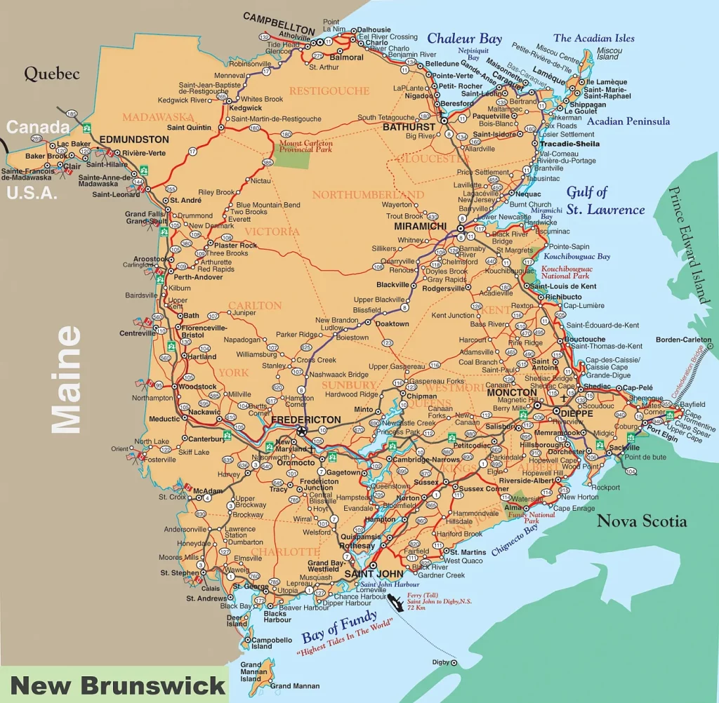 This map shows cities, towns, Trans-Canada highways, major highways, secondary roads, and national parks in New Brunswick.