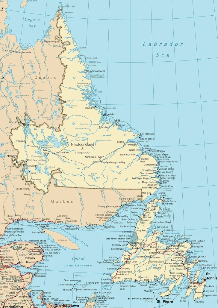 This map shows cities, towns, highways, main roads, secondary roads, rivers, lakes, national parks, and provincial parks in Newfoundland and Labrador.