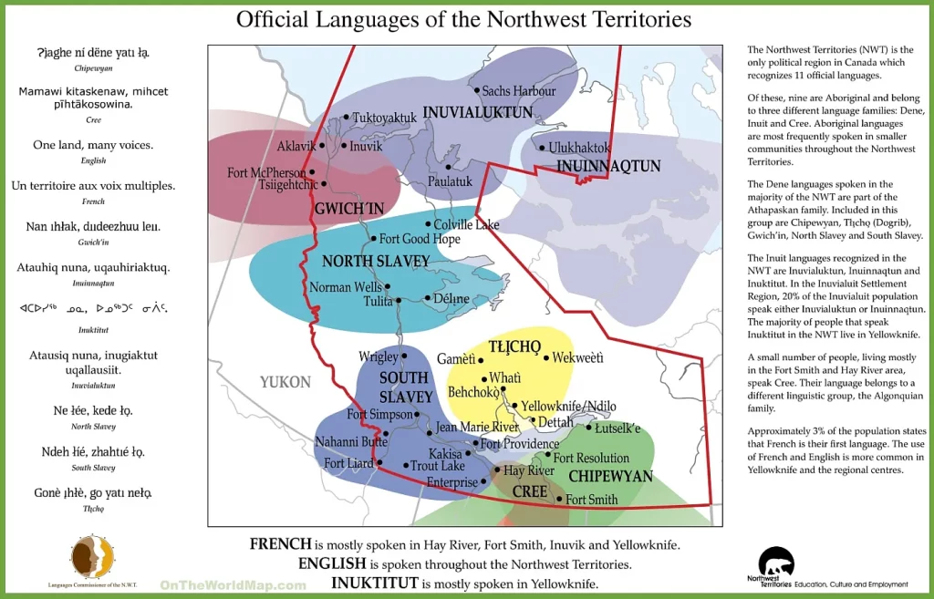 The Northwest Territories' official languages map highlights the diverse linguistic landscape of the region.