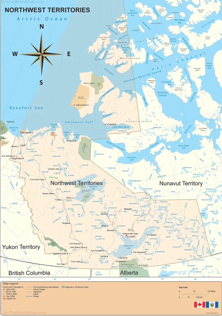 This map shows cities, towns, rivers, lakes, highways, major highways, secondary roads, winter roads, national parks, and territorial parks in Northwest Territories.