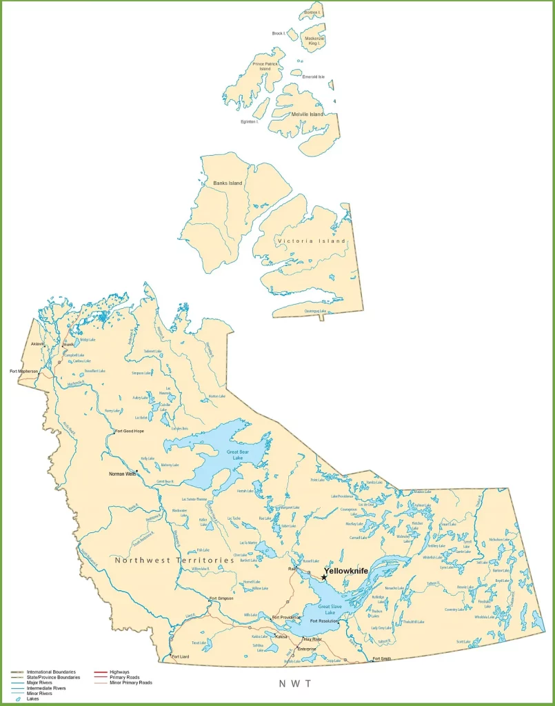 This map shows cities, towns, highways, main roads, secondary roads, rivers, and lakes in Northwest Territories. Cities, towns, counties, interprovince highways, Canada highways, province highways, main roads, secondary roads, rivers, lakes, airports, national parks, rest areas, welcome centers, Indian reservations, scenic byways, and points of interest in Northwest Territories. Hotels, resorts, beaches, national parks, rest areas, welcome centers, Indian reservations, scenic byways, points of interest, tourist attractions, and sightseeing in Northwest Territories.