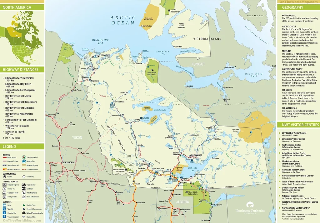 This map shows cities, towns, rivers, lakes, heritage rivers, Trans-Canada trail, paved surface, unpaved surface, dempster highways, canol hiking routes, Ingraham trails, liard trails, frontier trails, great slave routes, waterfalls routes, wood buffalo routes, ferries, historical sites, day use parks, national parks, diamond mines, and visitor information centers.