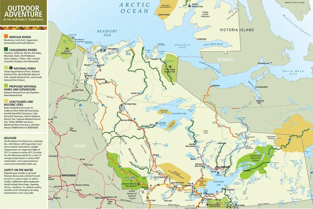 This map shows points of interest, tourist attractions, and sightseeing in the Northwest Territories.