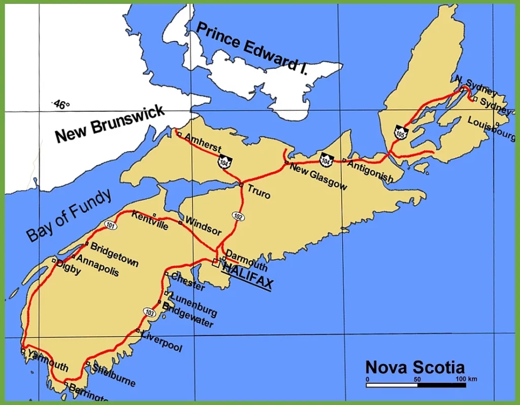 This map shows highways in Nova Scotia.