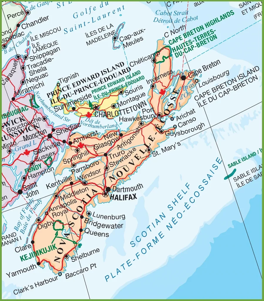This map shows cities, towns, rivers, lakes, Trans-Canada highways, major highways, secondary roads, winter roads, railways, and national parks in Nova Scotia.