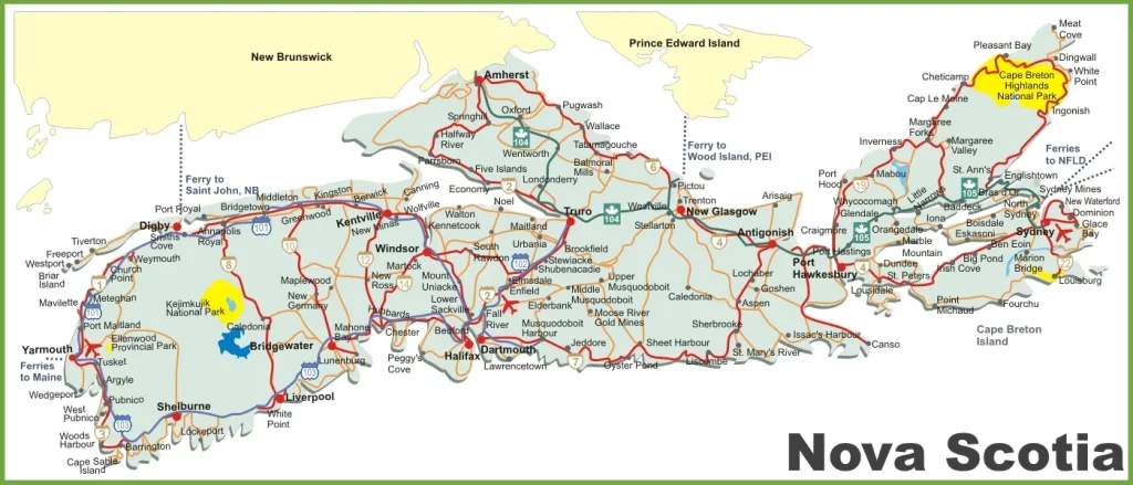 This map shows cities, towns, highways, main roads, secondary roads, national parks, and provincial parks in Nova Scotia.