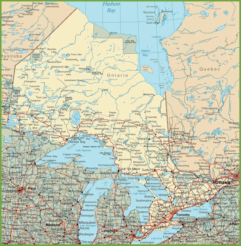 This map shows Ontario's cities, towns, highways, main roads, secondary roads, rivers, lakes, national parks, and provincial parks.