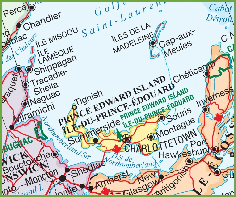 This map shows cities, towns, Trans-Canada highways, major highways, secondary roads, railways, and national parks in Prince Edward Island.