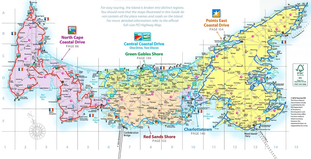 This map shows cities, towns, highways, major roads, secondary roads, airports, beaches, lighthouses, and scenic views on Prince Edward Island.