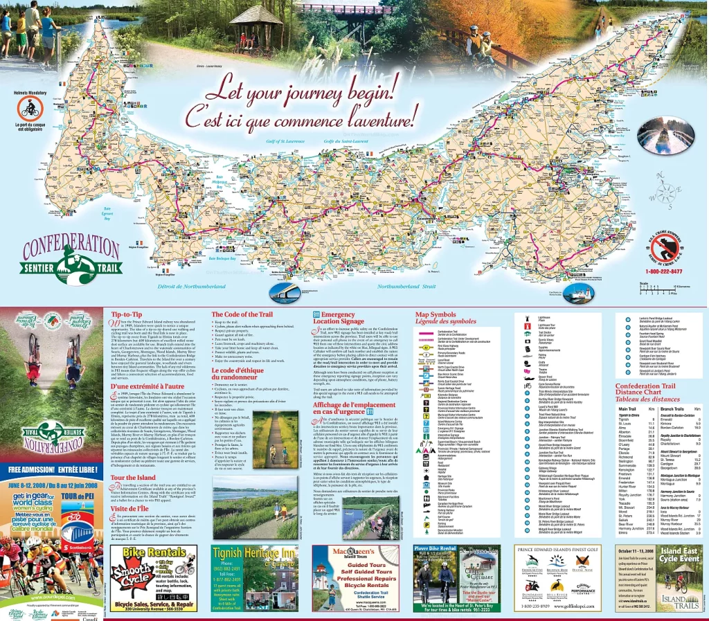 This map shows cities, towns, rivers, lakes, highways, major roads, secondary roads, confederation trail, north cape coastal drive, blu heron scenic drive, points east coastal drive, scenic heritage roads, kilometer distance, islands welcome centers, beaches, campgrounds, accommodations, heritage sites, museums, parks, washrooms, lighthouses, scenic views and theatres in Prince Edward Island.