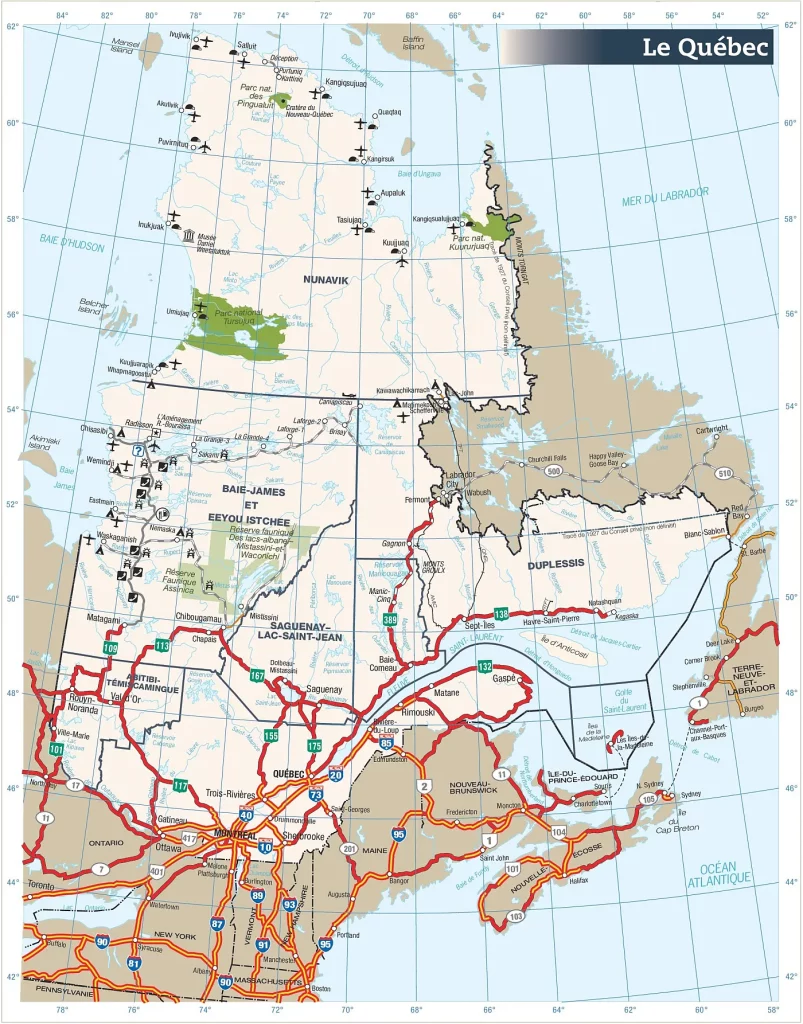 This map shows Quebec's cities, towns, highways, main roads, secondary roads, rivers, lakes, railways, airports, national parks, and provincial parks.