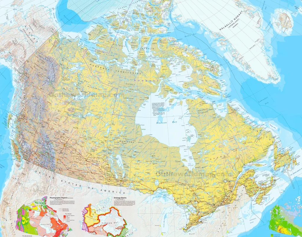 This map shows Canada's provinces, territories, provincial and territorial capitals, cities, towns, highways, roads, trans-Canada highways, railways, and rivers.