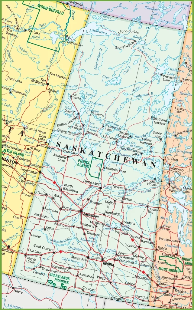 This map shows Saskatchewan's cities, towns, rivers, lakes, Trans-Canada highways, major highways, secondary roads, winter roads, railways, and national parks.