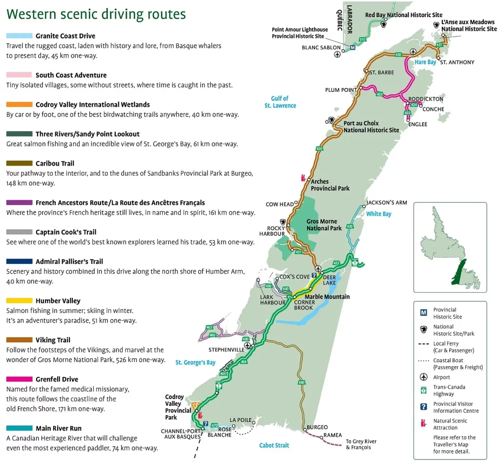 This map shows cities, towns, trails, Trans-Canada highways, secondary roads, national parks, provincial parks, provincial visitor information centers, provincial/national historic sites, ferries, airports, and natural scenic attractions in Western Newfoundland.